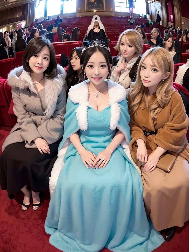 Ladies in gorgeous dresses。Fur Cape。Four Ladies。Watching the audience。Fairytale room。Fluffy carpet。Fisheye Lens