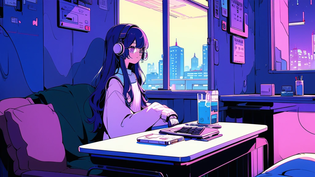 (from behind), Anime girl sitting in front of a computer in a cozy bedroom, Girl listening to music while studying in a cozy room (night), round glasses, Using headphones, on the roof, (beautiful night views from windows), lots of things, 2D anime style, The aesthetics of anime in the 90s, lo-fi,  long hair, very detailed, Hard disk, A mix of anime style and Fujifilm, surreal, 8K, masterpiece, violet eyes,black gloves, round glasses, long sleeves,violet hair, Flat Chest, smile, pantyhose