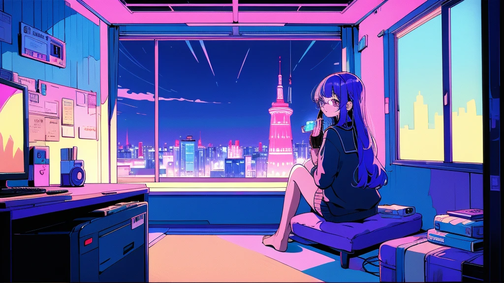 (from behind), Anime girl sitting in front of a computer in a cozy bedroom, Girl listening to music while studying in a cozy room (night), round glasses, Using headphones, on the roof, (beautiful night views from windows), lots of things, 2D anime style, The aesthetics of anime in the 90s, lo-fi, long hair, very detailed, Hard disk, A mix of anime style and Fujifilm, surreal, 8K, masterpiece, violet eyes,black gloves, round glasses, long sleeves,violet hair, Flat Chest, smile, pantyhose
