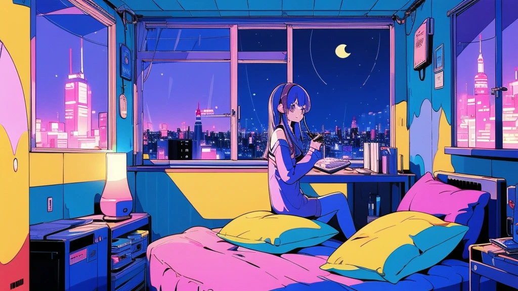 (from behind), Anime girl sitting in front of a computer in a cozy bedroom, Girl listening to music while studying in a cozy room (night), round glasses, Using headphones, on the roof, (beautiful night views from windows), lots of things, 2D anime style, The aesthetics of anime in the 90s, lo-fi,  long hair, very detailed, Hard disk, A mix of anime style and Fujifilm, surreal, 8K, masterpiece, violet eyes,black gloves, round glasses, long sleeves,violet hair, Flat Chest, smile, pantyhose
