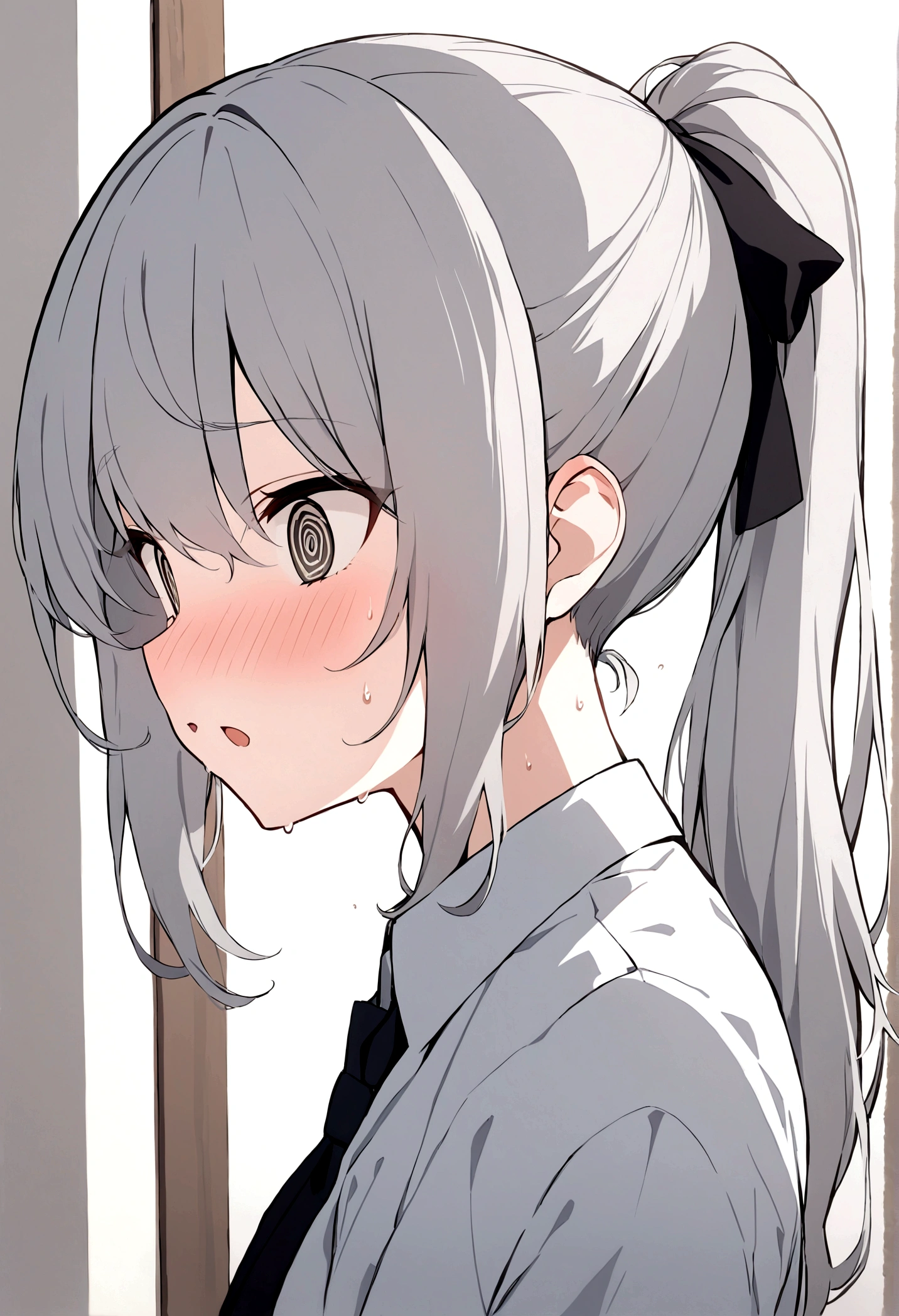 slender, mature female,1girl, blush, solo, sweat, nose_blush, eyebrows_visible_through_hair, bangs, open_mouth, grey_eyes, grey_hair, long_hair, portrait, profile, indoors, @_@, brown_eyes, hair_between_eyes, ponytail, jacket, collared_dress, black_ribbon, shirt, parted_lips, :d, dress