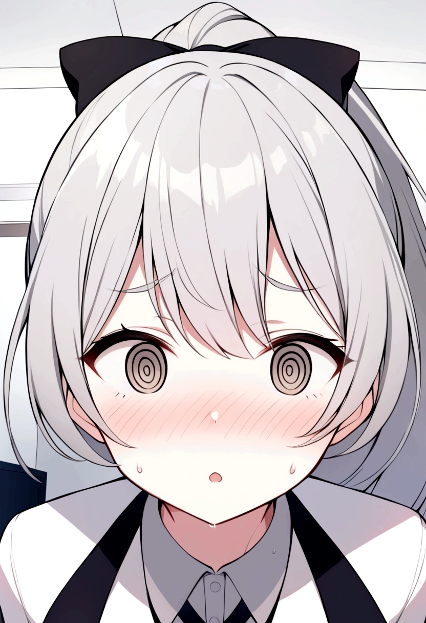 slender, mature female,1girl, blush, solo, sweat, nose_blush, eyebrows_visible_through_hair, bangs, open_mouth, grey_eyes, grey_hair, long_hair, portrait, profile, indoors, @_@, brown_eyes, hair_between_eyes, ponytail, jacket, collared_dress, black_ribbon, shirt, parted_lips, :d, dress