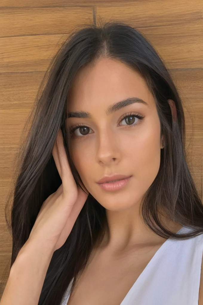 Female model 20 years old, long hair. brunette. Model appearance. Thin, sophisticated. Simple Lunchtime Natural Makeup. Lips are full and seductive.Upper body part photo. Live Photo. Instagram sexy selfie
