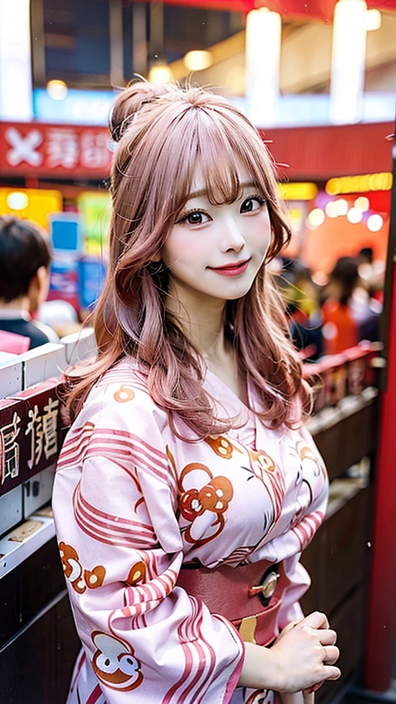 An anime-style illustration of the woman with long pink hair and E-cup breasts, wearing a yukata, enjoying festival stalls. She is holding a takoyaki and smiling. The background is filled with various festival stalls like food vendors and game booths.