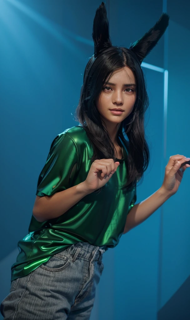 A young girl with black hair and a green shirt is crying. Her hands are clenched into fists, smooth 3d model, glossy plastic texture, multiple light sources, rim light, sharp post effects render, most beautiful vfx, , realistic, 4k, high resolution, rim light, smooth 3d model. ,  glossy texture, smooth 3d model, multiple light sources, rim light, sharp post effects render, (glossy plastic texture with multiple big light probe refractions), perfect cgi,   reflective, best quality, 4k, masterpiece:1.2, ultra-detailed, realistic, vivid colors, The image of the highest quality, ensuring every detail showcased perfectly. It in 4k resolution, allowing viewers to immerse themselves in the richness of the colors and intricate details. The realistic rendering. under the spotlight, reflecting, high-resolution image, realistic rendering