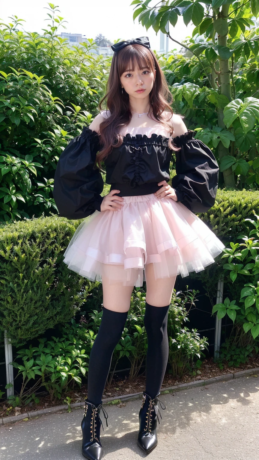 (8K、RAW Photos、Highest quality、masterpiece:1.2)、(Highest quality、Realistic)、1 Girl、((Frills、See-through、Off the shoulder、tights、pink and black mini skirt、Thin legs、whole body、boots、garden、View from the front、Looking into the camera、Ribbon Idol Costume、、Stand with hands on hips))、cute