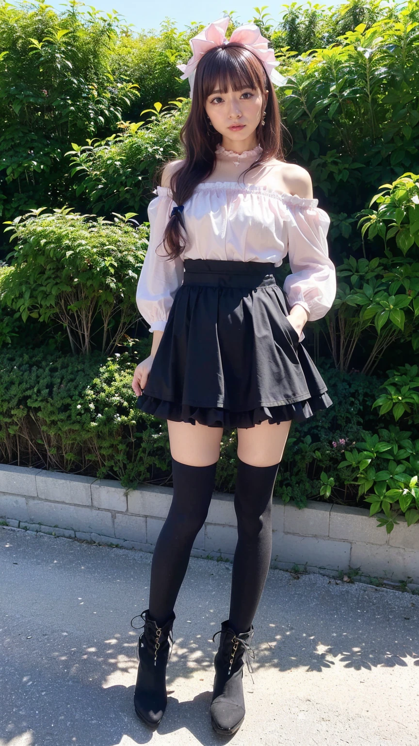 (8K、RAW Photos、Highest quality、masterpiece:1.2)、(Highest quality、Realistic)、1 Girl、((Frills、See-through、Off the shoulder、tights、pink and black mini skirt、Thin legs、whole body、boots、garden、View from the front、Looking into the camera、Ribbon Idol Costume、、Stand with hands on hips))、cute