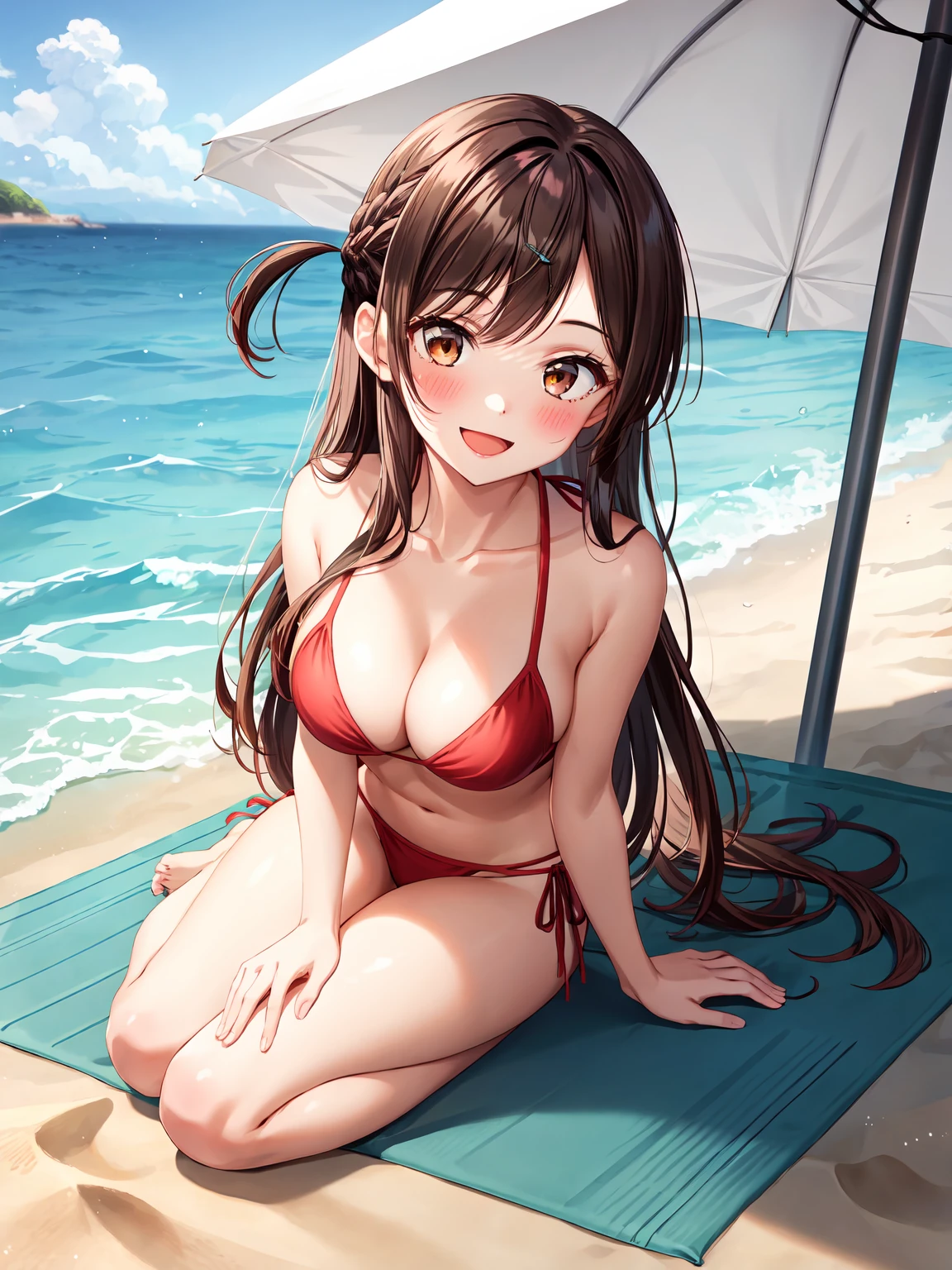 Masterpiece ,best quality , high resolution , (1 girl solo:1.38) , (chizuru ichinose, long hair, bangs, brown hair, (brown eyes:1.2), one side up,) , (cleavage:1.2) , (medium breast:1.28) , ( wear bikini , stockings) , (cleavage:1.15) , (big breast:1.1) , (face view , front view , from front , look at view ) , (outdoor , sea , ocean, sand , beach , sun_umbrella , beverages) , (sitting on mat ) , ( smile , open mouth , full face blush , shy )