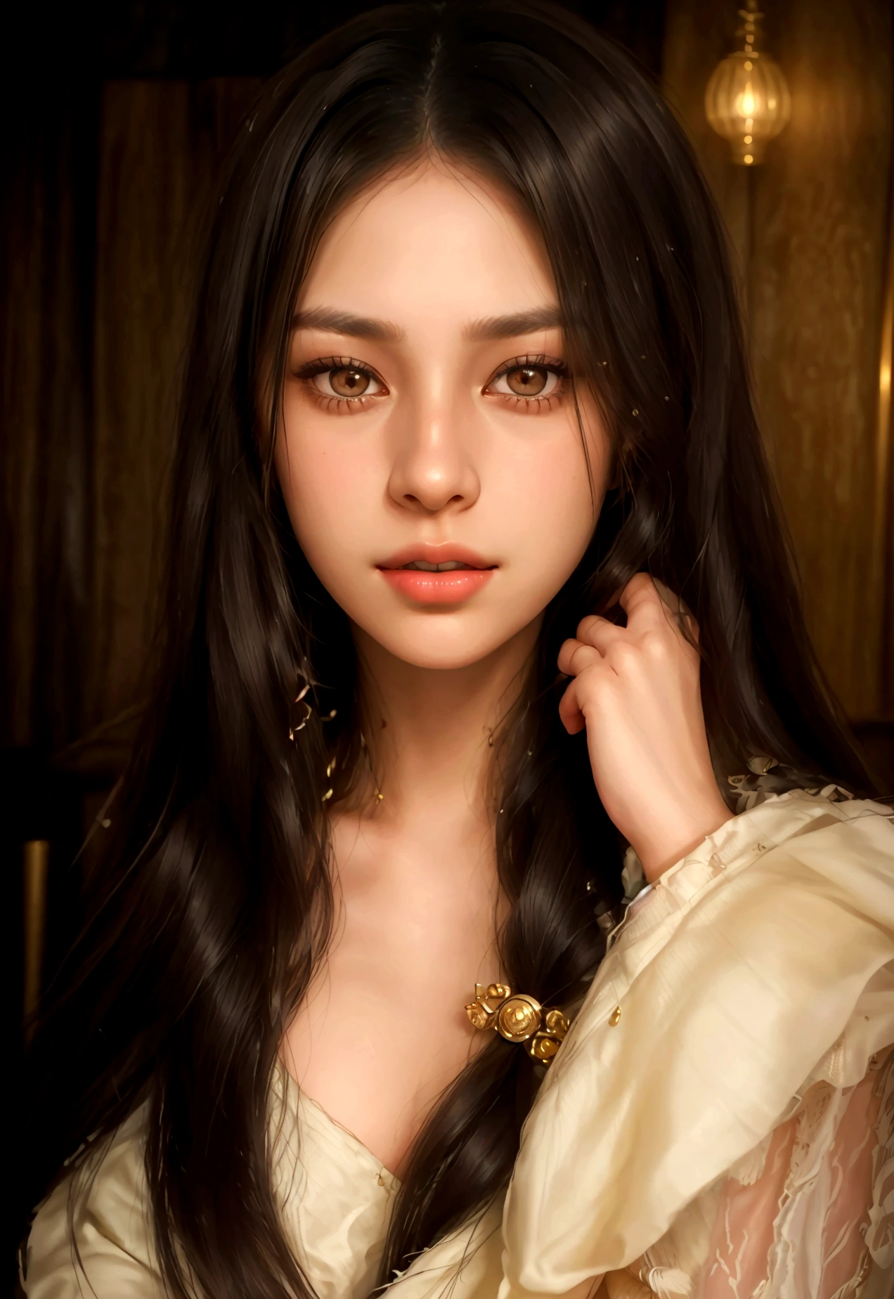 anika Create a realistic portrait of a young woman named anika. She has long, dark hair styled straight and is wearing natural makeup that highlights her features. She has expressive dark eyes with a slight greenish hue and full lips, with a confident yet friendly demeanor. The background shows a modern indoor setting with warm lighting and contemporary decor, creating a sophisticated and inviting atmosphere. The lighting is natural, highlighting her facial features and adding a soft glow to the scene.
