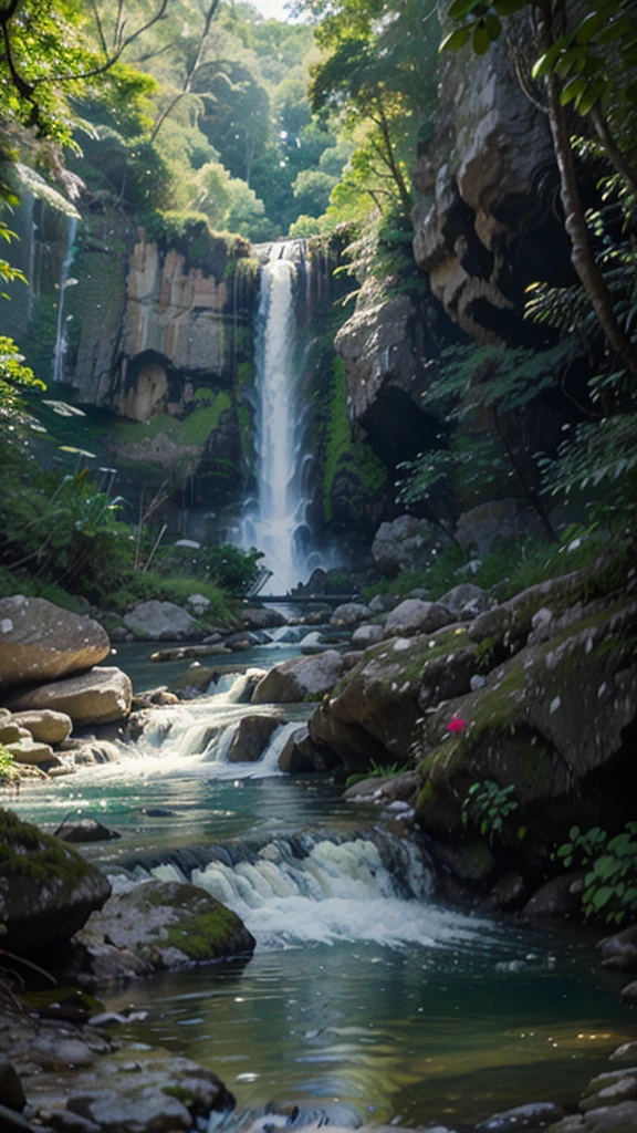 a close up of a waterfall in a tropical forest with rocks and trees, vibrant water river, peaceful beautiful waterfall, river with stunning water, rainbow river waterfall, a river flowing with waterfall, beautiful flowing feeling, green waters, lakes and waterfalls, stunning waterfall, cascading, blue and green water, flowing water, stunning screensaver, beautiful stunning waterfall, small waterfall