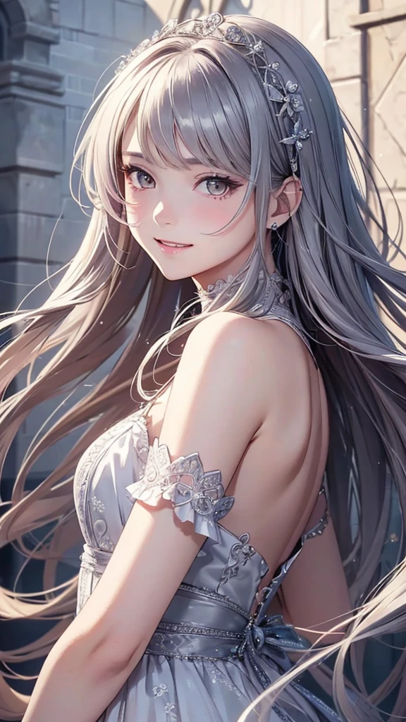 masterpiece、Highest quality、High resolution、High-quality images、8K, 1 Girl、Skin Radiance、Texture of skin and clothing、Expression of fine eyes、Shiny silver hair,Long Hair Girl, Manga inspired by Lee Jong-suk, Trending on deviantart, realism, detailed manga style, Manga art style, Perfect Line Drawing, Beautiful line art, digital manga art girl, Yellow Eyes, dress, Beautiful pink eyes, Fuller lips, Gorgeous face with attention to detail, (Cute Smile), charm, Innocent, Side view, (Perfectly detailed face), (Beautiful Hands) Photorealistic images, Written boundary depth, Half-up hairstyle, dress,Association, evening、