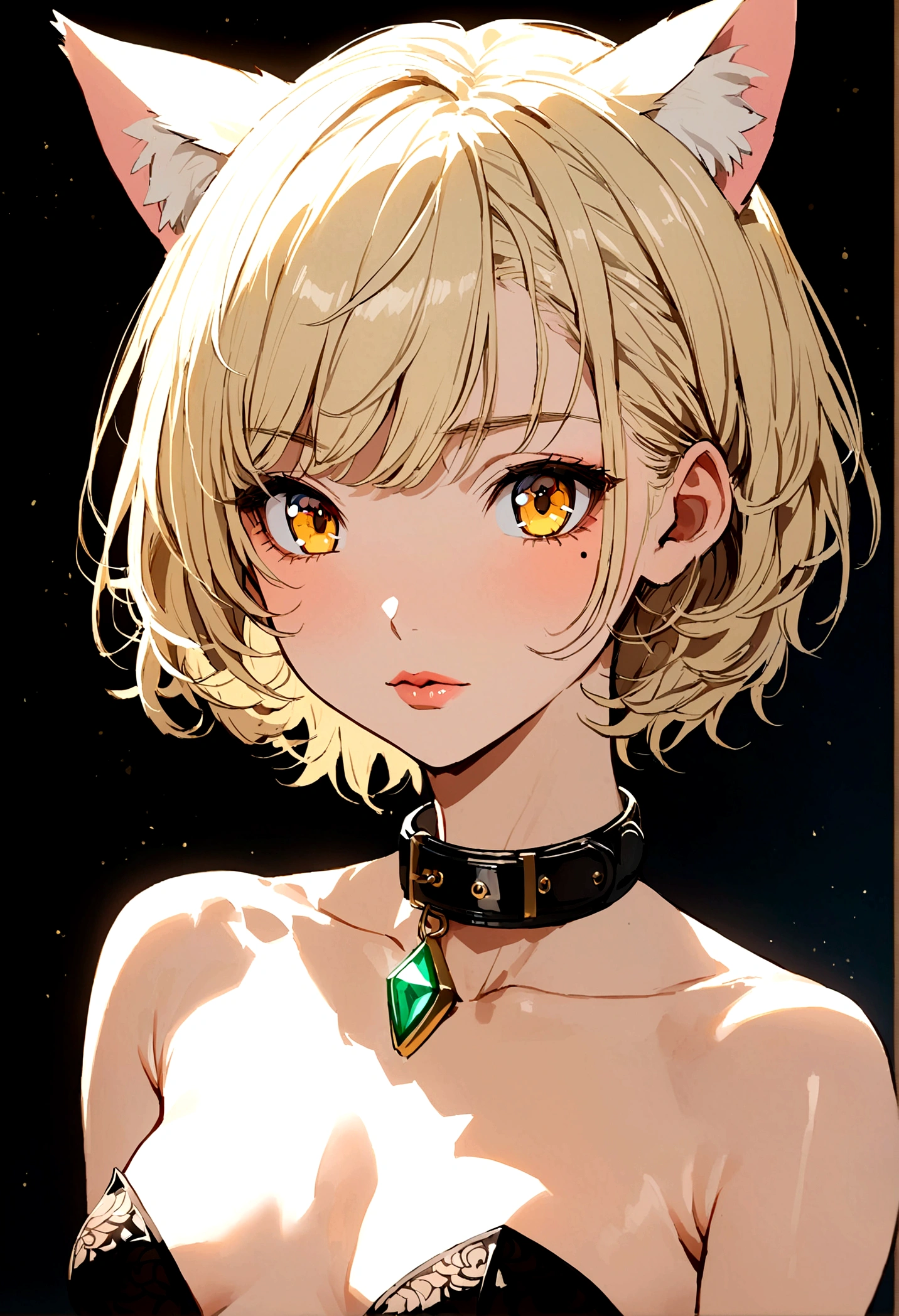 Handsome girl, anime girl, short hair like a man. Light blonde hair, golden eyes, light pink lips, mole under the eye, cat ears, strapless top, sexy call girl, wearing a collar, small breasts.