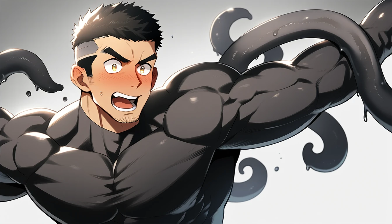 anime characters:Superhero in tights, negro black skin, He was entangled by a large number of thick black tentacles, Very stout, Slime Slug, Lots of mucus, Wrap around the neck, Tightly tied, Manliness, male focus, Yellow and black high collar long sleeve tight T-shirt, Slightly transparent material, Very tight, Round, full and perky chest muscles, Male dog waist, Slightly transparent, muscular male, muscular, only, Upper body, alone, Black short hair, Thick eyebrows, stubble, Yellow eyes, Grey background, simple background, amazing quality, best aesthetics, Ridiculous, bright pupils, crew cut, parted lips, blush, open mouth, scared, drop shadow, best quality