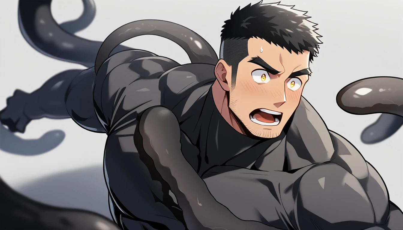 anime characters:Superhero in tights, ????? black skin, He was entangled by a large number of thick black tentacles, Very stout, Slime Slug, Lots of mucus, Wrap around the neck, Tightly tied, Manliness, male focus, Yellow and black high collar long sleeve tight T-shirt, Slightly transparent material, Very tight, Round, full and perky chest muscles, Male dog waist, Slightly transparent, muscular male, muscular, only, Upper body, alone, Black short hair, Thick eyebrows, stubble, Yellow eyes, Grey background, simple background, amazing quality, best aesthetics, Ridiculous, bright pupils, crew cut, parted lips, blush, open mouth, scared, drop shadow, best quality