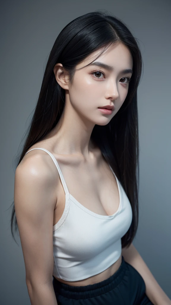 Quiet,Light makeup,Sexy,Peerless Beauty,Intellectual,clavicle,Neat long hair,Black Hair,Delicate face,Exquisite facial features,Natural expression,Natural eyes,sexy blue sports shorts