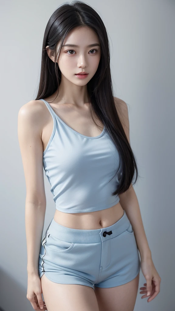 Quiet，Light makeup，Sexy，Peerless Beauty，Intellectual，clavicle，Neat long hair，Black Hair，Delicate face，Exquisite facial features，Natural expression，Natural eyes，sexy blue sports shorts