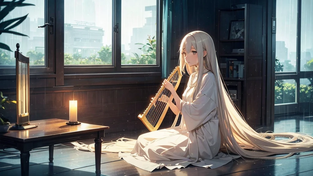 Mellow, an anime-style female character with long, straight hair and a serene expression, sitting by a window with rain outside. The scene is cozy and softly lit with a harp nearby. The ambiance is whispering vocal, easy listening, and lo-fi hip-hop.