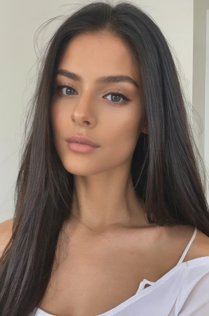 Female model 20 years old, long hair. brunette. Model appearance. Thin, sophisticated. Simple Lunchtime Natural Makeup. Lips are full and seductive.Upper body part photo. Live Photo. Instagram sexy selfie