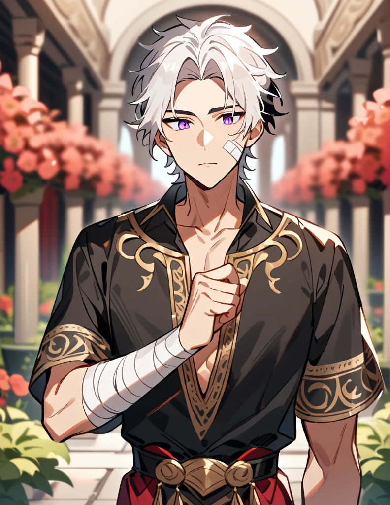Greek boy with white hair, violet eyes, wearing a black and elegant antique Greek shirt, with bandages on his cheek and arm, standing with a look of beauty, with a red garden in a blurred background