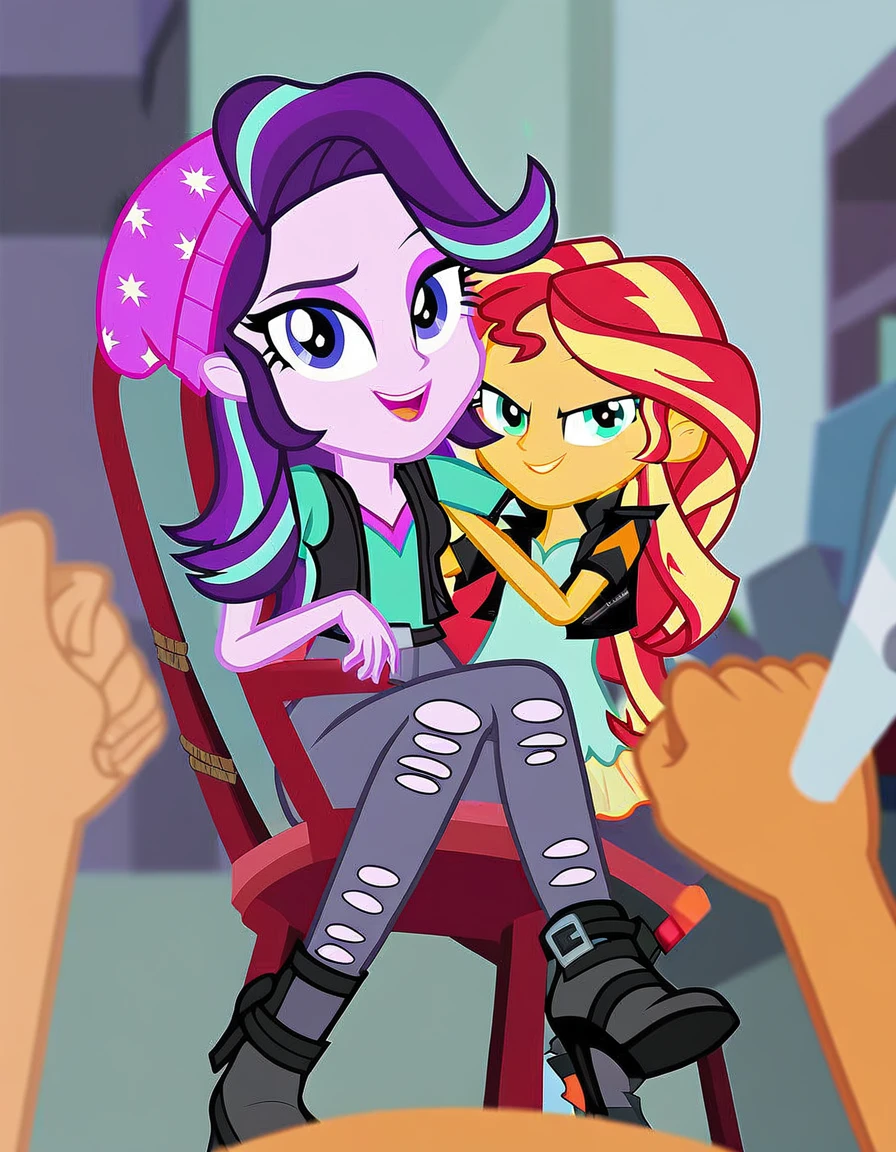 score_9, score_8_up, score_7_up, score_6_up, cartoon, human, equestria girls, sunset shimmer, starlight glimmer, duo female, male pov, chair, ropes ped, vector, show accurative, light colors, cartoon, Sunset and Starlight stand in front of a bound male pov who is sitting in a chair. Sunset and Starlight are wearing miniskirt, high heels and zippered jackets. They are also wearing lipstick and painted eyelids. Male pov is tied. Male POV has her lower body tied to a chair. The hands are on the arm of the chair and are tied. Sunset and Starlight are smiling, looking at you