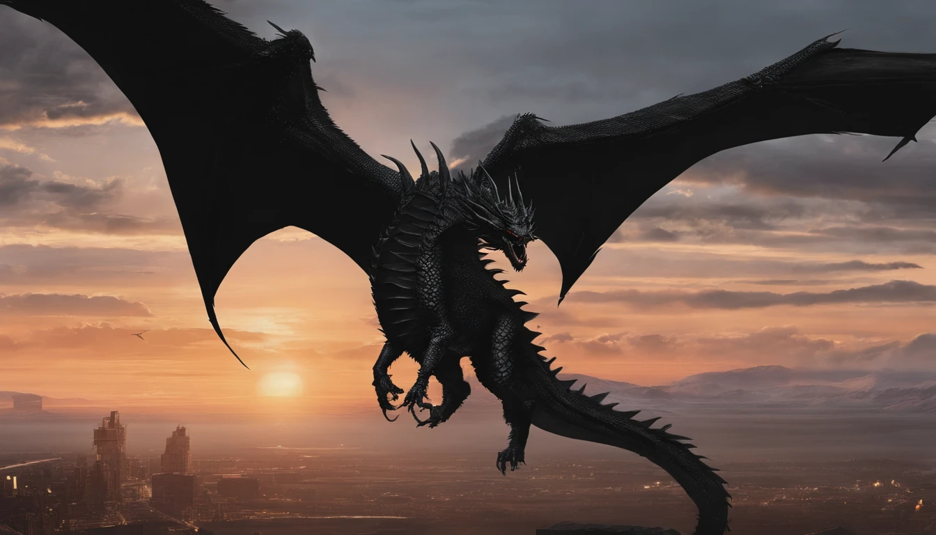 Black dragon flying in front of the sunset together with a cute spider