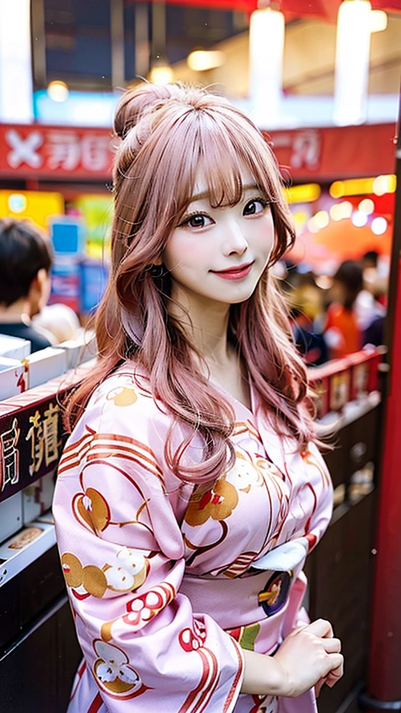 An anime-style illustration of the woman with long pink hair and E-cup breasts, wearing a yukata, enjoying festival stalls. She is holding a takoyaki and smiling. The background is filled with various festival stalls like food vendors and game booths.