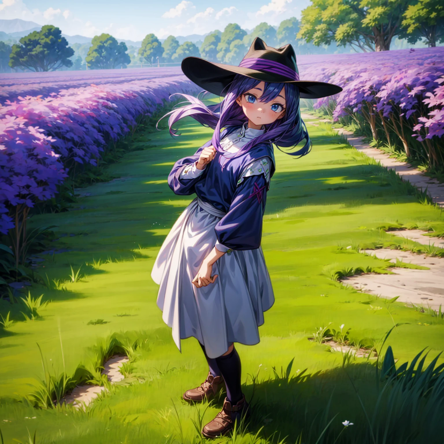 1childern girl, Full body version, 1character, children version, blue eyes color, long haircut, purple colour hair, maid medieval style clothing, cowboy hat, Grassroots, background in green field, motion blur, (Hunter x Hunter style)