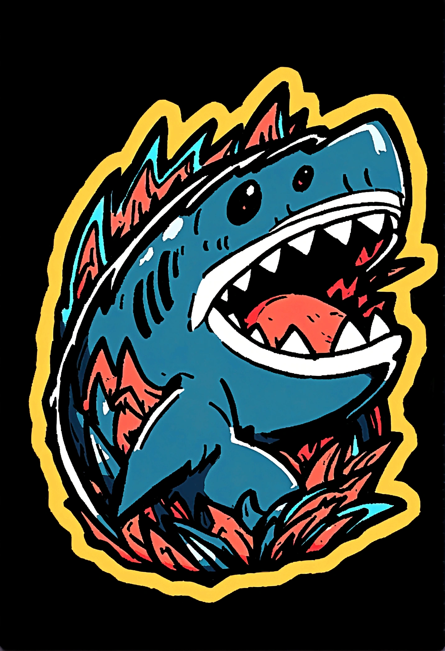 shark illustration for a sticker with a black background, in bold outline style, jagged edges, trashcore, light shading --v 5.2