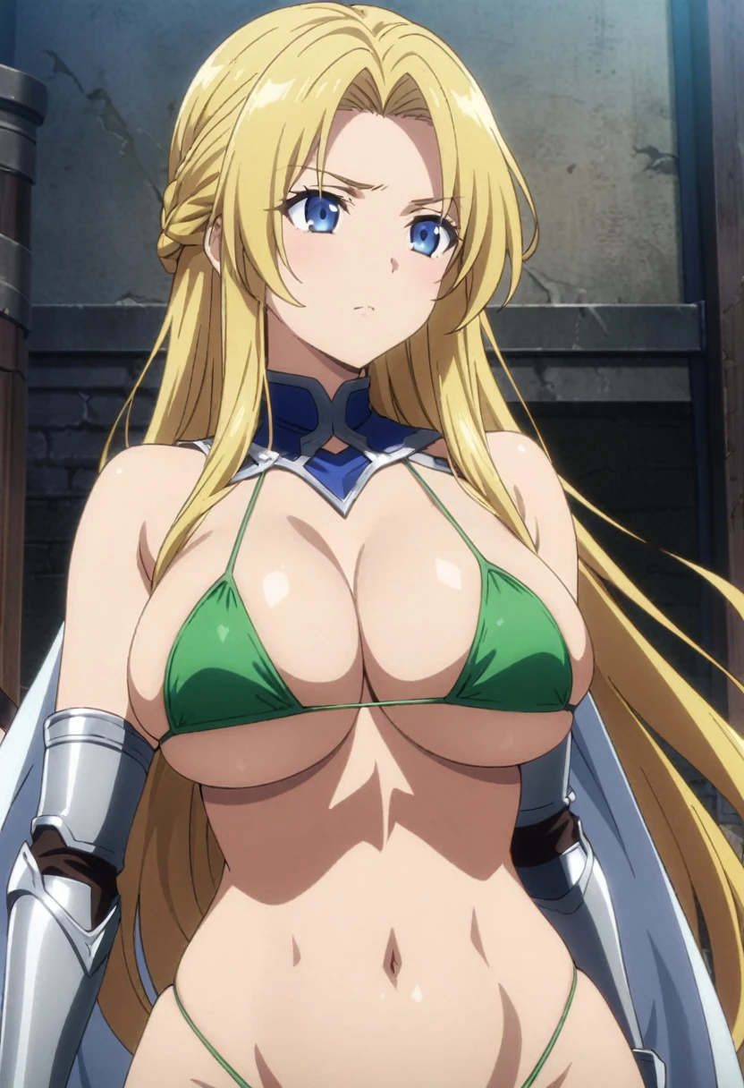 score_9, score_8_up, score_7_up,,BREAK source_anime, from below,,breast front view,standing,straight on,upperbody.,1girl, celes chere, final fantasy.blonde hair, blue eyes, ( micro bikini,green bikini),large breasts,cleavage,pointy breasts,,, white cape, vambraces,bracer,  very long hair, bangs, closed mouth,.tundere,,, (best quality),(aesthetic,very aesthetic),masterpiece, highres, (anime screenshot:0.5),contrapost,graceful posture,lean but curvy body, slender waist, round hips, willowy limbs,(bulsh),model standing,arm in hair,