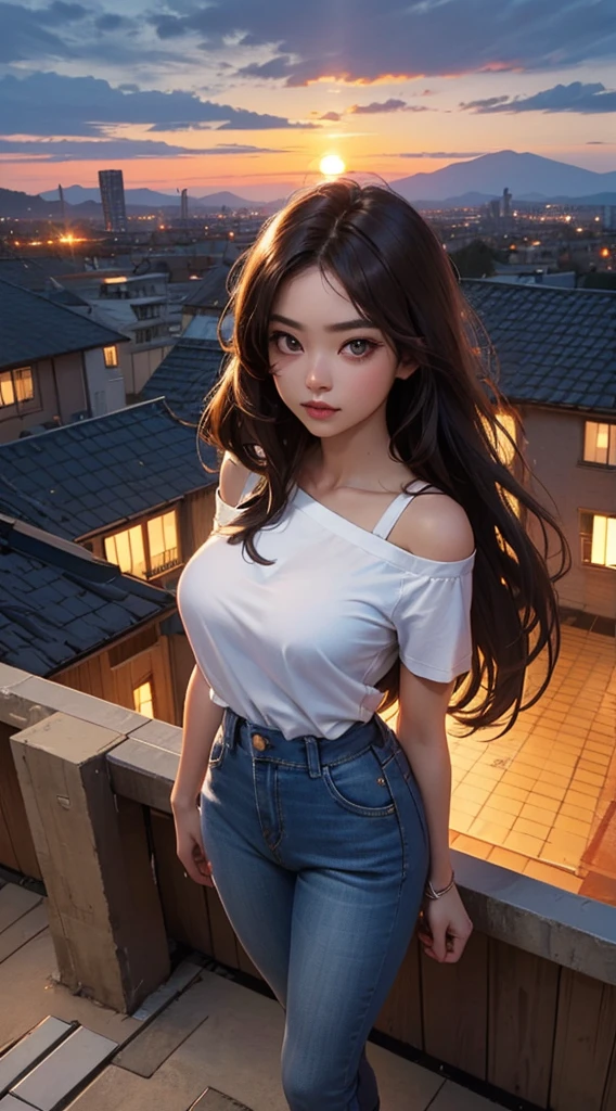 ((Midnight, Highest quality, 8K, masterpiece :1.3)), whole body, Long legs, Sharp focus :1.2, Beautiful woman with perfect figure :1.4, Slim Abs :1.1, ((Dark brown hair, Big Breasts :1.2)), (White tight T-shirt, Jean Bib, Are standing:1.2), ((Night city view, rooftop:1.3)), Highly detailed face and skin texture, Fine grain, double eyelid, sunset, Darken, Backlight, Off the shoulder