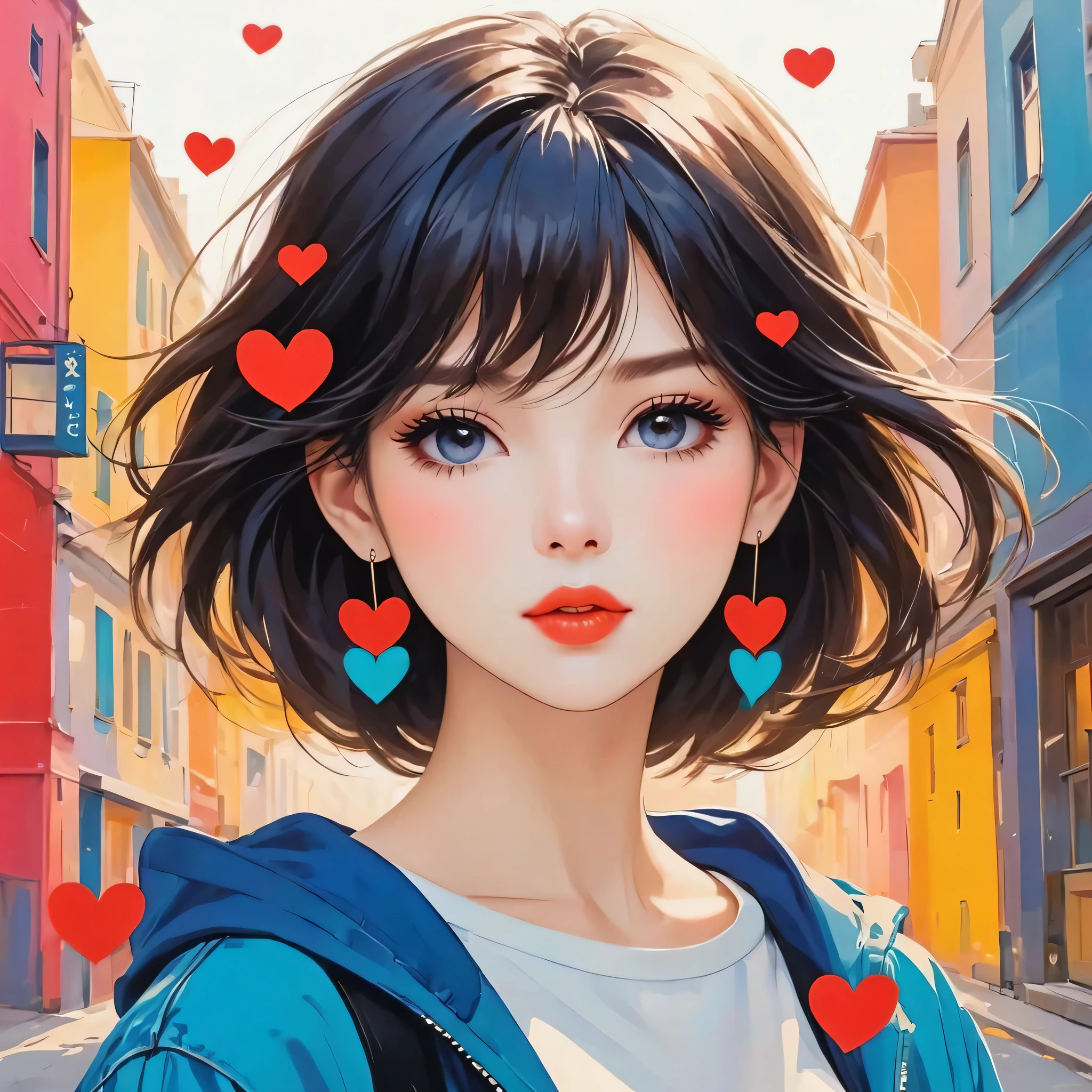 Mika Pikazo style, Simple Line Initialism,Abstract art,Urban Background, (((The most beautiful girl of all time))), Sweet face. Lips in love, colorful hearts