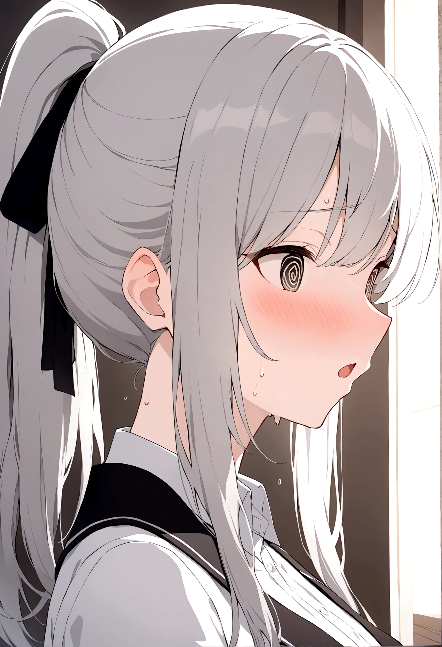 slender, mature female,1girl, blush, solo, sweat, nose_blush, eyebrows_visible_through_hair, bangs, open_mouth, grey_eyes, grey_hair, long_hair, portrait, profile, indoors, @_@, brown_eyes, hair_between_eyes, ponytail, jacket, collared_dress, black_ribbon, shirt, parted_lips, :d, dress
