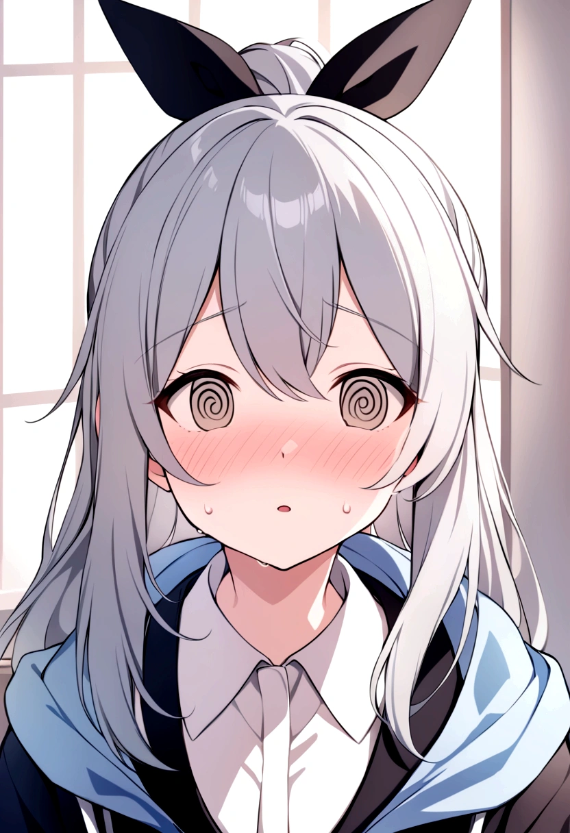 slender, mature female,1girl, blush, solo, sweat, nose_blush, eyebrows_visible_through_hair, bangs, open_mouth, grey_eyes, grey_hair, long_hair, portrait, profile, indoors, @_@, brown_eyes, hair_between_eyes, ponytail, jacket, collared_dress, black_ribbon, shirt, parted_lips, :d, dress