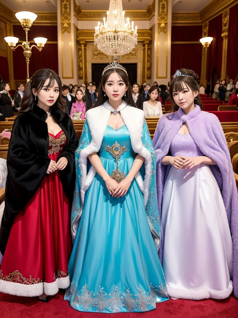 Queens in gorgeous dresses。Fur Cape。The Four Queens。Watching the audience。Fairytale room。Fluffy carpet。Fisheye Lens