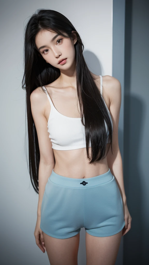 Quiet,Light makeup,Sexy,Peerless Beauty,Intellectual,clavicle,Neat long hair,Black Hair,Delicate face,Exquisite facial features,Natural expression,Natural eyes,sexy blue sports shorts