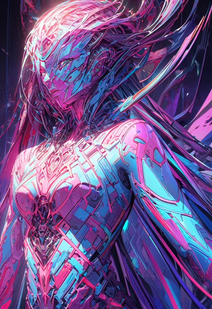 A mysterious, enigmatic digital avatar emerges from the shadows in an acrylic painting. The main subject is a humanoid figure with glowing neon accents and circuit-like patterns etched into their skin. The image is a hyper-realistic digital painting. Every detail is rendered with precision, from the intricate wiring weaving through their body to the cybernetic enhancements that give them an otherworldly presence. The colors pop with vibrancy, creating a striking contrast between the dark background and the luminescent figure. The overall composition exudes a sense of futuristic mystique, drawing viewers into a world of technological wonders and digital dreams. anime , close up
