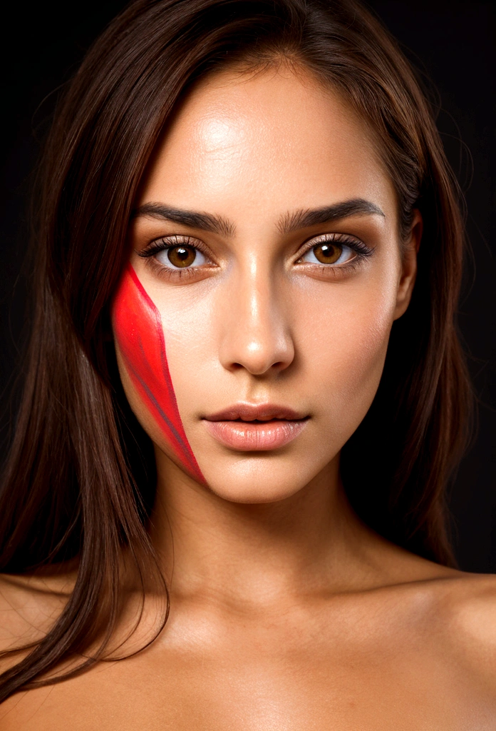  Portrait of a woman with very beautiful Spanish features in the twilight with the skin of her face and body painted with the colors of the flag of Spain