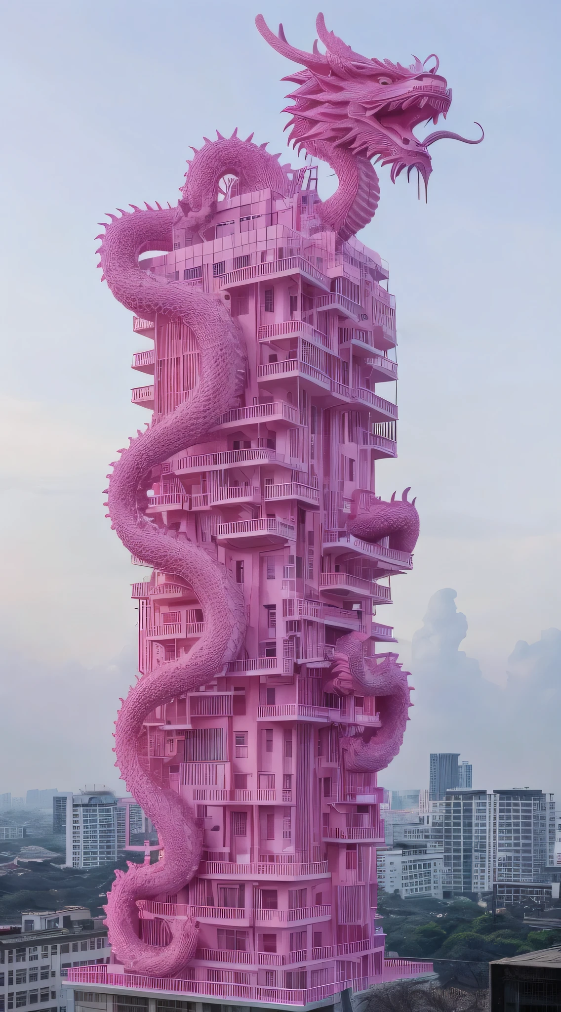 A tall pink building with an Asian dragon on top, designed in the style of Joseph De arist disgancers and Kengo Kuma, overlooking the city of Chiangmen in Thailand. architectural photography, realistic, detailed, art installation, contemporary architecture, urban environment, architectural masterpiece, cityscape, by David Chipperfield and Tim Walker