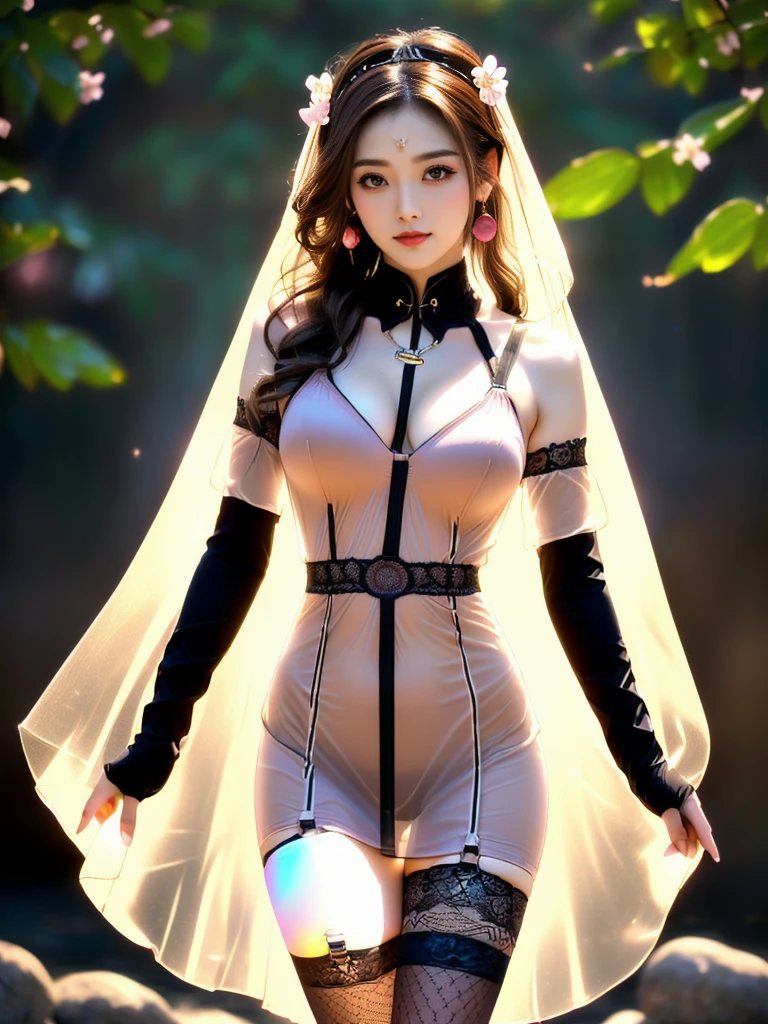 An Asian Chinese female model, (Waterfall Background), (8K Ultra HD, Digital SLR Camera, Soft Light, high quality, Volumetric Lighting, frank, photo, high resolution, 4K, 8K, Bokeh), ((Create stunning images of real girls), warm light, Dynamic poses, Elegant Posture, Cowboy lens, Full body front view, From the front,Be confident, Body facing the camera, Standing posture facing the camera, Open your legs slightly, Golden Ratio Graphics, Minimalism), (Show a charming smile, Willow Leaf Eyebrows, big eyes, Apricot eye prick, Cherry Blossom, Balanced Eyes, Oval face, Pretty Face, Normal facial features, Skin is transparent and visible, Thin skin and tender meat, cosmetic, earrings, bracelet, necklace, Jewelry, veil, Hair accessories), (Brown hair, Wavy curly hairstyle, Waist-length hair, Messy Hairstyle, Gradient hairstyles, Cyberpunk hairstyle), ((Transparent clothes:1.5), (The color of the clothes:Light pink), Sex nightdress, Mesh clothes, Fully transparent mesh maxi dress, Lace sexy lingerie), (Sexy, Perfect breast shape, Teardrop chest shape, Snow-white breasts, very detailed breasts, 34E cup), (Super high waist clothes, Chest hollow,(Camel toe, High fork strangulation)), (Black socks, Sheer lace knee socks, 吊garter, Leg ring, garter, 腿部garter)
