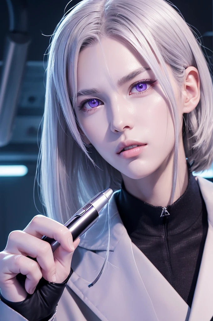 Gentle boy handsome
slender
slender
Silver hair
Purple eyes
Cyber lab
Laboratory of the dark future
white coat
Chewing on a pen
Bite a ballpoint pen with your teeth
Thinking through the material
Animated illustrations