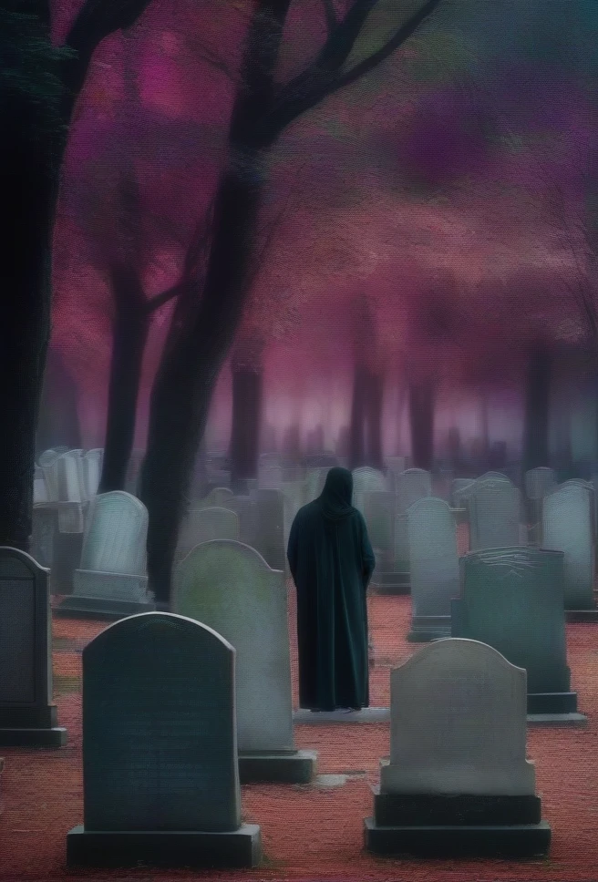 a theater performance in a Muslim cemetery, creepy atmosphere, many trees, colors are really scary, there is a person doing mediation, theater, details, the person is alone.