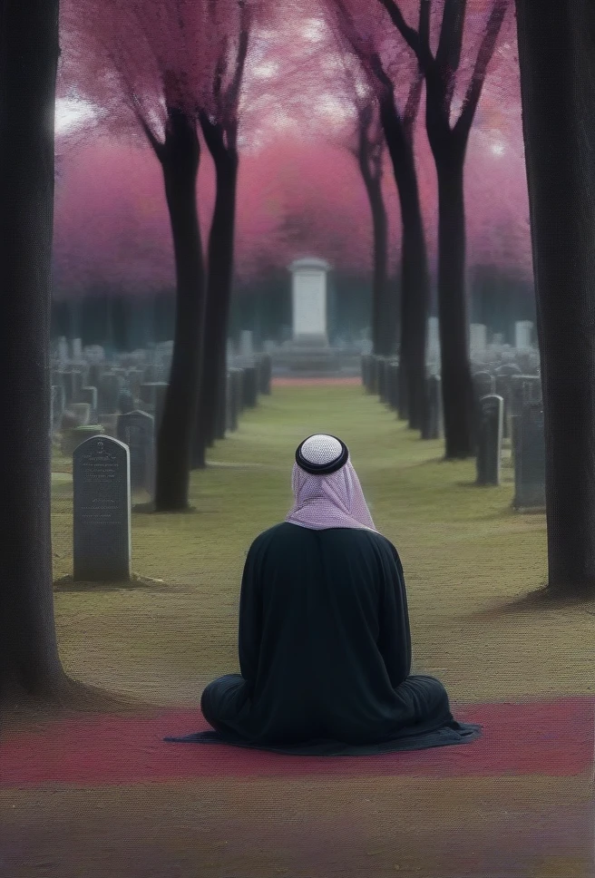 a theater performance in a Muslim cemetery, creepy atmosphere, many trees, colors are really scary, there is a person doing mediation, theater, details, the person is alone.