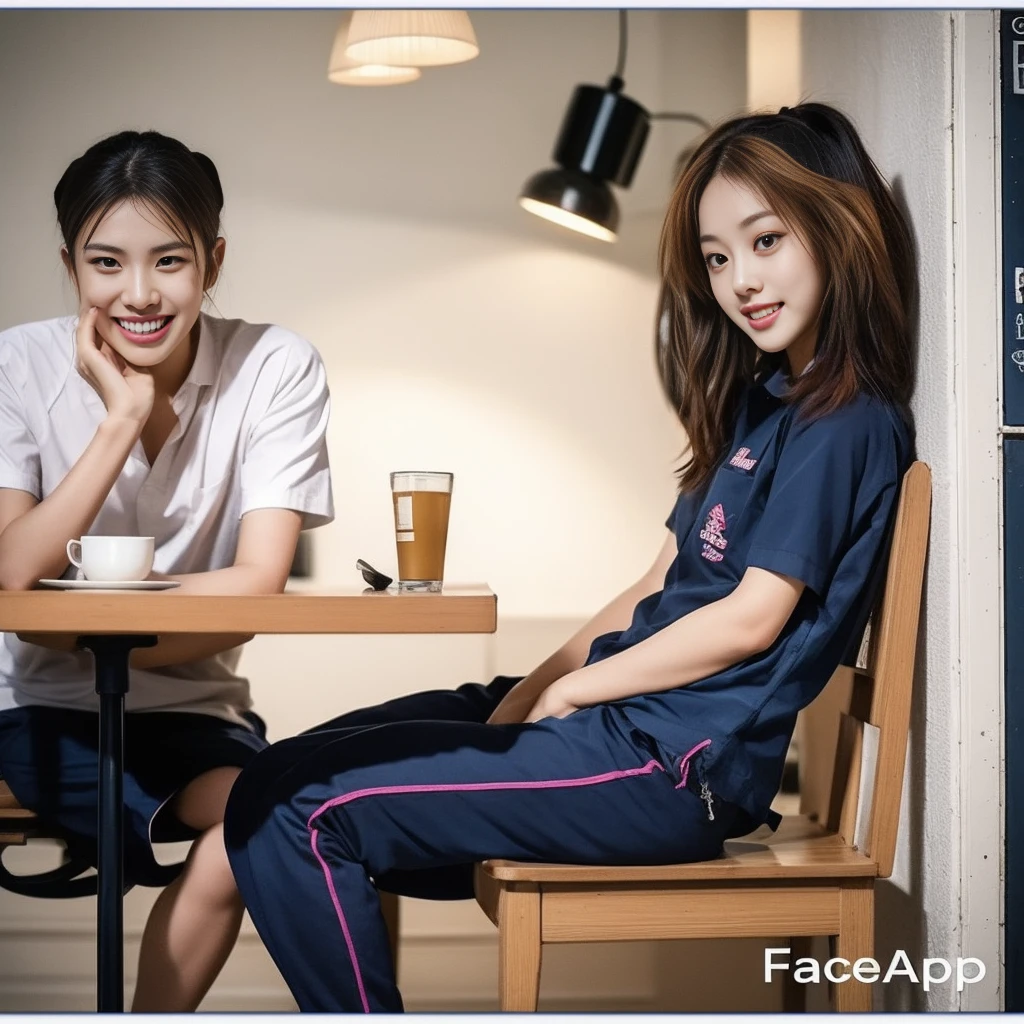 (best quality,10,10,height,Masterpiece:1.2),Special details,(realistic,Realistic picture,Realistic photos:1.37),1 Cute girl in the kitchen,shiny, skin shiny,only,smile softly,BDclothelue shirt:1.3)),short sleeve,shirt, Long pants.,(navy_long_track pants:1.1), ((Kitchen Background)),Dynamic angle,excited,Face focus,dynamic poses,from behind,focus on ,Masterpiece, best quality, ultra realistic, Too many details, 8k resolution, raw photos, Sharp focus, ((Navy blue shirt:1.1)), short sleeve, long route, perfect body, 2 matmen, 18 years old, Cinema-grade lighting system,blue sweatpants,exercise cloth,correct anatomy,perfect body, correct body, Sharp face, Correct body anatomical, full body, realistic gestures, long-haired, realistic poses,Wear long shorts...........................,The legs are long.,Good shape,carved girl, Slender figure, model, Good shape, beautiful body,blue sweatpants, two girls kissing