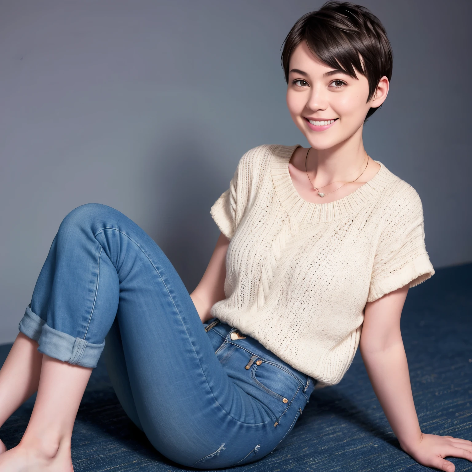 255 19-year-old female, (short hair),jeans, smile
