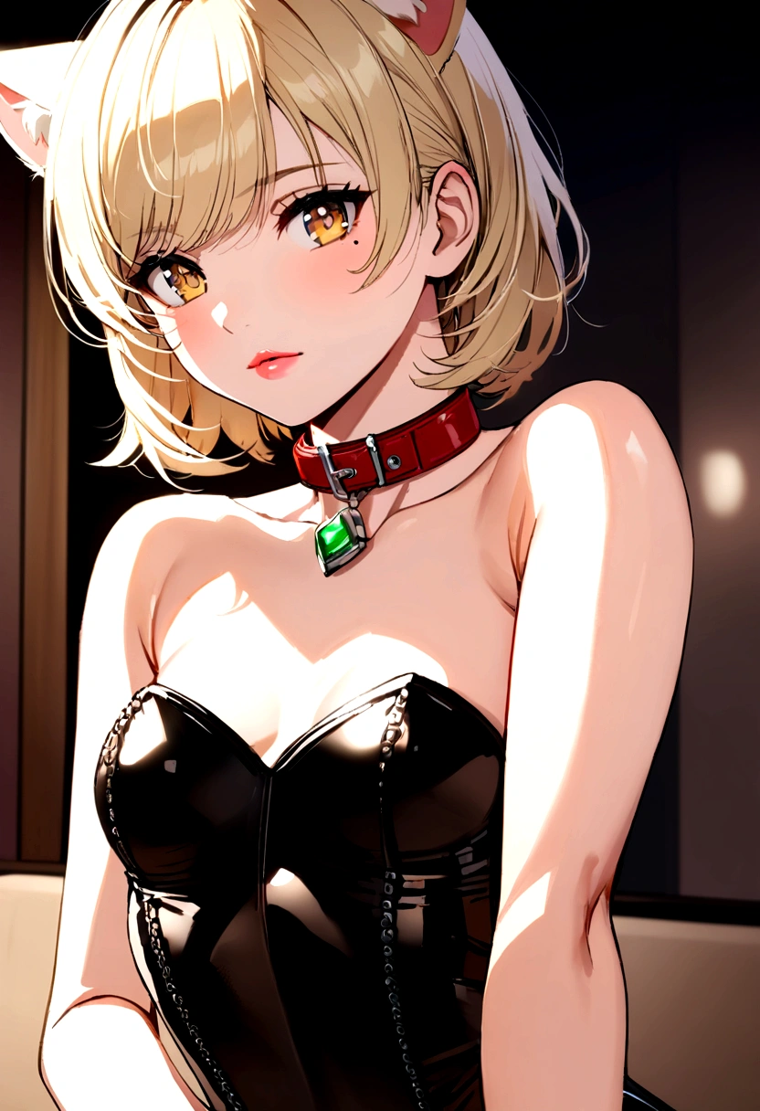 Handsome girl, anime girl, short hair like a man. Light blonde hair, golden eyes, light pink lips, mole under the eye, cat ears, strapless top, sexy call girl, wearing a collar, small breasts.