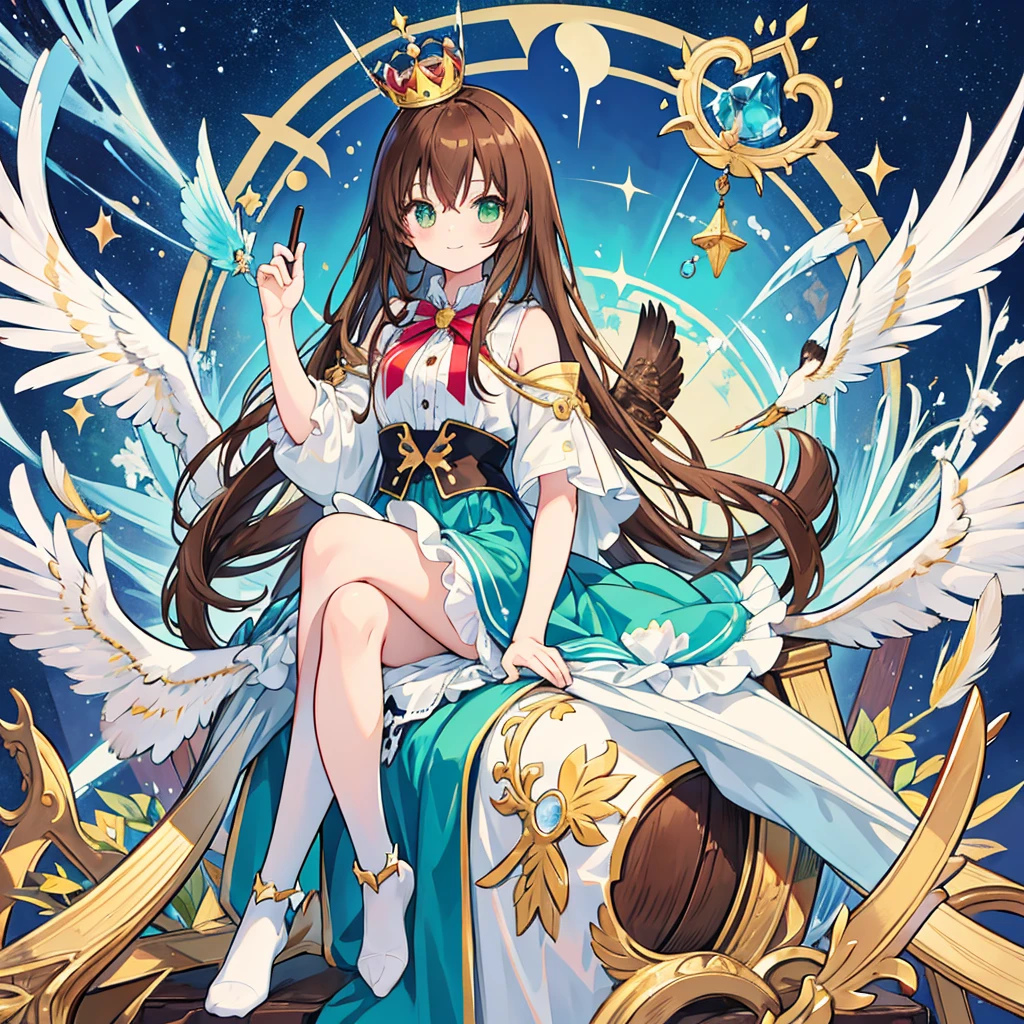 kawaii, anime, Cute, hyper quality, highly detailed, 16k, Front facing, Clarity, full body, smile, one girl and one bird, long brown hair, green eyes, alice in wonderland, throne, Fantastic, cross your legs, crown, crystal, brown bird familiar, magic effects, creepy smile, eagle wings on the back, night, chipped crescent moon, knee socks, accessories, brown bird, Feathers dance, crystal wand, brown bird, throne room, universe, stars are flowing,