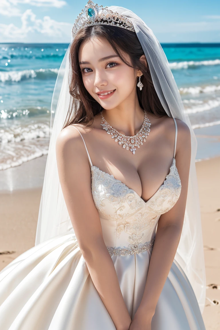 (Highest quality、masterpiece、8K、Best image quality、Hyperrealism、Award-winning works)、(Princess in a wedding dress:1.1)、(The most gorgeous and luxurious princess wedding dress:1.2)、(Perfect Highest quality wedding lace:1.1)、(The most luxurious and highest quality giant tiara:1.2)、(The ultimate tiara with a huge jewel:1.1)、(Huge Jewelry Top End Necklace:1.1)、(The most luxurious and highest quality giant necklace:1.2)、(The most luxurious wedding dresses with lots of jewellery:1.1)、(A gorgeous wedding dress with intricate and beautiful details:1.1)、(Standing Elegantly:1.2)、(The most natural and wide々Standing on a beautiful and perfect beach:1.2)、(wide々Standing on the shore of beautiful waves:1.1)、(Beautiful perfect sandy beach:1.1)、(Beautiful sunny sky:1.1)、(Beautiful thunderclouds:1.1)、Beautiful sea、(A clear and vibrant beautiful sea:1.1)、Complex sea glow、Beautiful sea details are drawn、(Large Breasts:1.1)、(Accentuate your body lines:1.1)、Accurate anatomy、Perfect Makeup、Long eyelashes、Glossy Lips、Ultra HD glossy skin、(Ultra-high resolution, bright and beautiful skin:1.1)、Ultra-high definition glossy lips、Ultra-high resolution beautiful teeth、(very bright and vivid:1.3)、(Bright sunny sky:1.1)、(Vivid and clear sea:1.1)、(Bright and glowing skin:1.2)