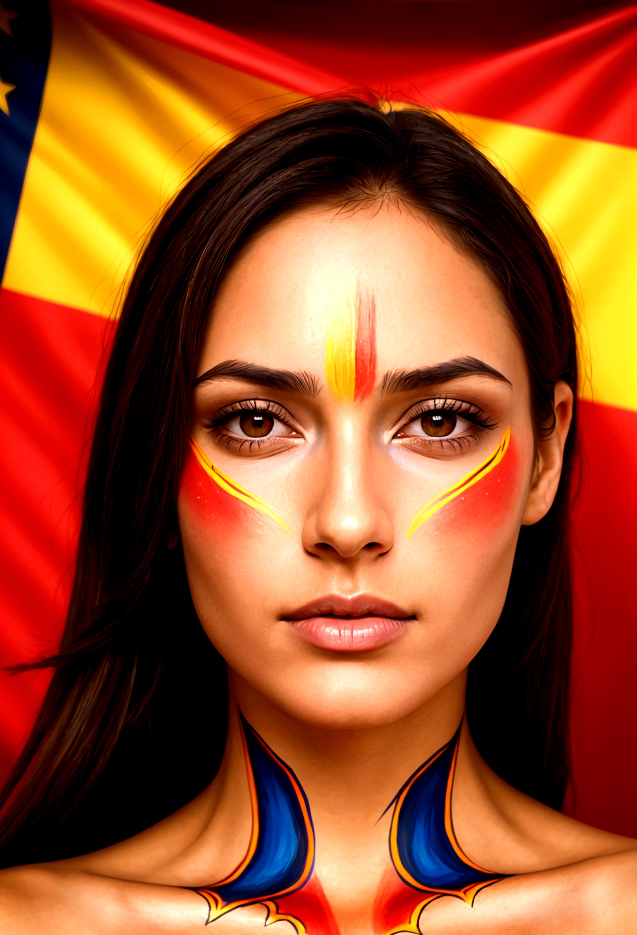  Portrait of a woman with very beautiful Spanish features in the twilight with the skin of her face and body painted with the colors of the flag of Spain