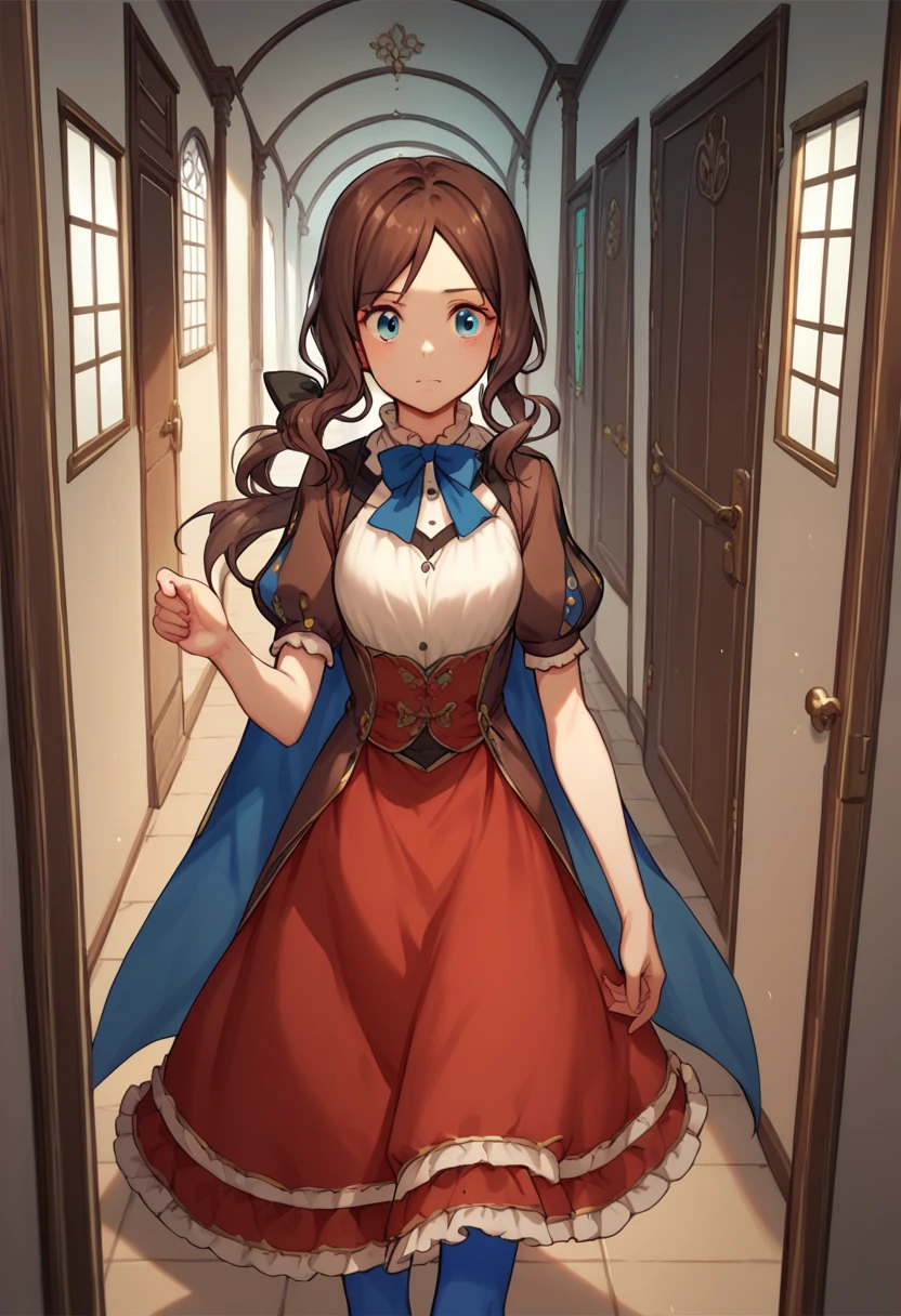One girl, blue eyes, Long Hair, Brown Hair, Side Lock, Low Ponytail, ribbon, dress, White shirt, Puffy sleeves, Short sleeve, Red Skirt, Cape, Blue Pantyhose, Hallway with many doors,Ajar door