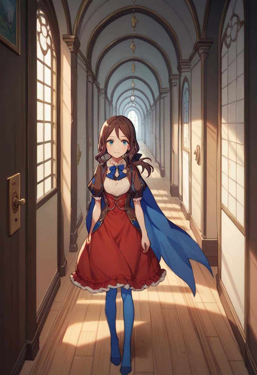 One girl, blue eyes, Long Hair, Brown Hair, Side Lock, Low Ponytail, ribbon, dress, White shirt, Puffy sleeves, Short sleeve, Red Skirt, Cape, Blue Pantyhose, Hallway with many doors,Ajar door